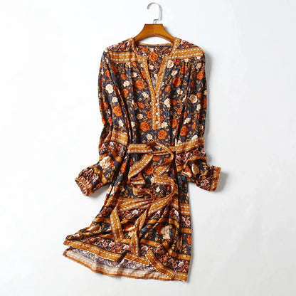 FashionSierra-Tunic  Rayon  Mini  2024  Autumn  Brown  Rose Floral Print  Gypsy  Chic  Long Sleeve  Beach  Women  Boho Dress