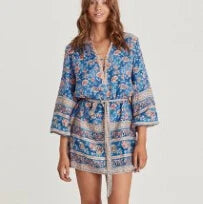 FashionSierra-Tunic  Rayon  Mini  2024  Autumn  Brown  Rose Floral Print  Gypsy  Chic  Long Sleeve  Beach  Women  Boho Dress