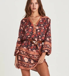 FashionSierra-Tunic  Rayon  Mini  2024  Autumn  Brown  Rose Floral Print  Gypsy  Chic  Long Sleeve  Beach  Women  Boho Dress