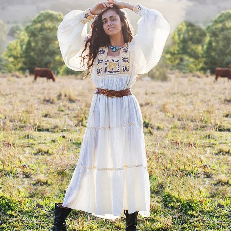 FashionSierra-Tunic  White  Floral Embroidery  Long Sleeve  Beach  Summer  Loose  Gypsy Boho Dress