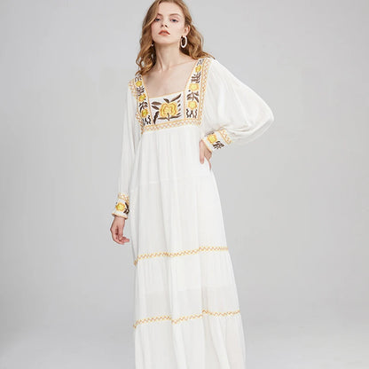 FashionSierra-Tunic  White  Floral Embroidery  Long Sleeve  Beach  Summer  Loose  Gypsy Boho Dress