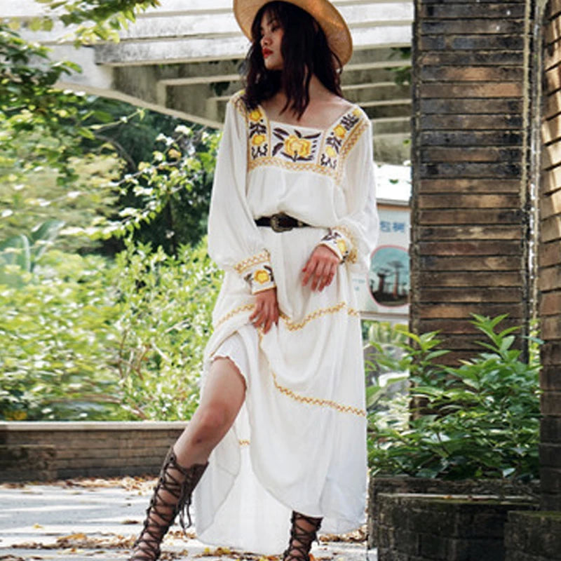 FashionSierra-Tunic  White  Floral Embroidery  Long Sleeve  Beach  Summer  Loose  Gypsy Boho Dress