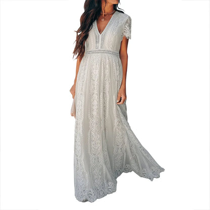 FashionSierra-Vintage  Floral Maxi  Lace  Women  Deep V Neck  Short Sleeve  Lady  Summer  Vestidos  White  Floor-Length  Party  Boho Dress