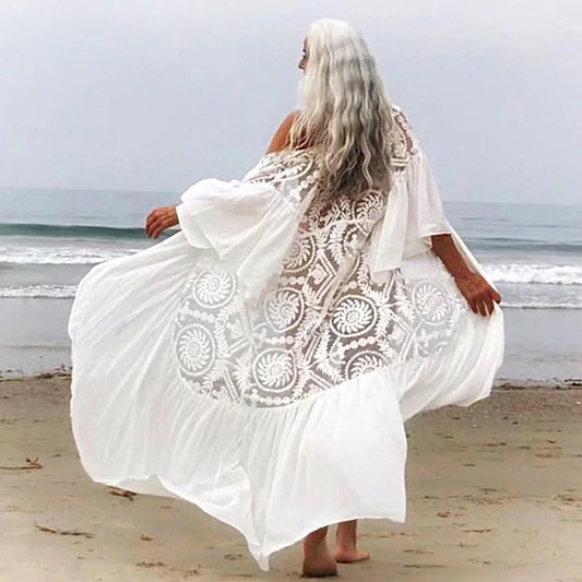 FashionSierra-White  Bikini Cover Ups  Lace  Women  Beach  Sexy  See Through  Transparent  Ruffles  Tunic  Vestidos  Boho Dress