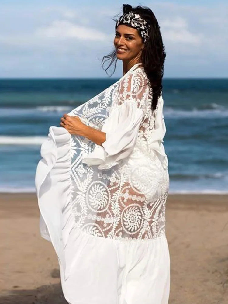 FashionSierra-White  Bikini Cover Ups  Lace  Women  Beach  Sexy  See Through  Transparent  Ruffles  Tunic  Vestidos  Boho Dress