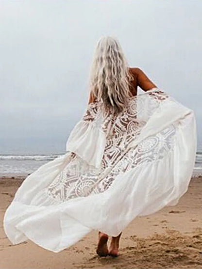 FashionSierra-White  Bikini Cover Ups  Lace  Women  Beach  Sexy  See Through  Transparent  Ruffles  Tunic  Vestidos  Boho Dress