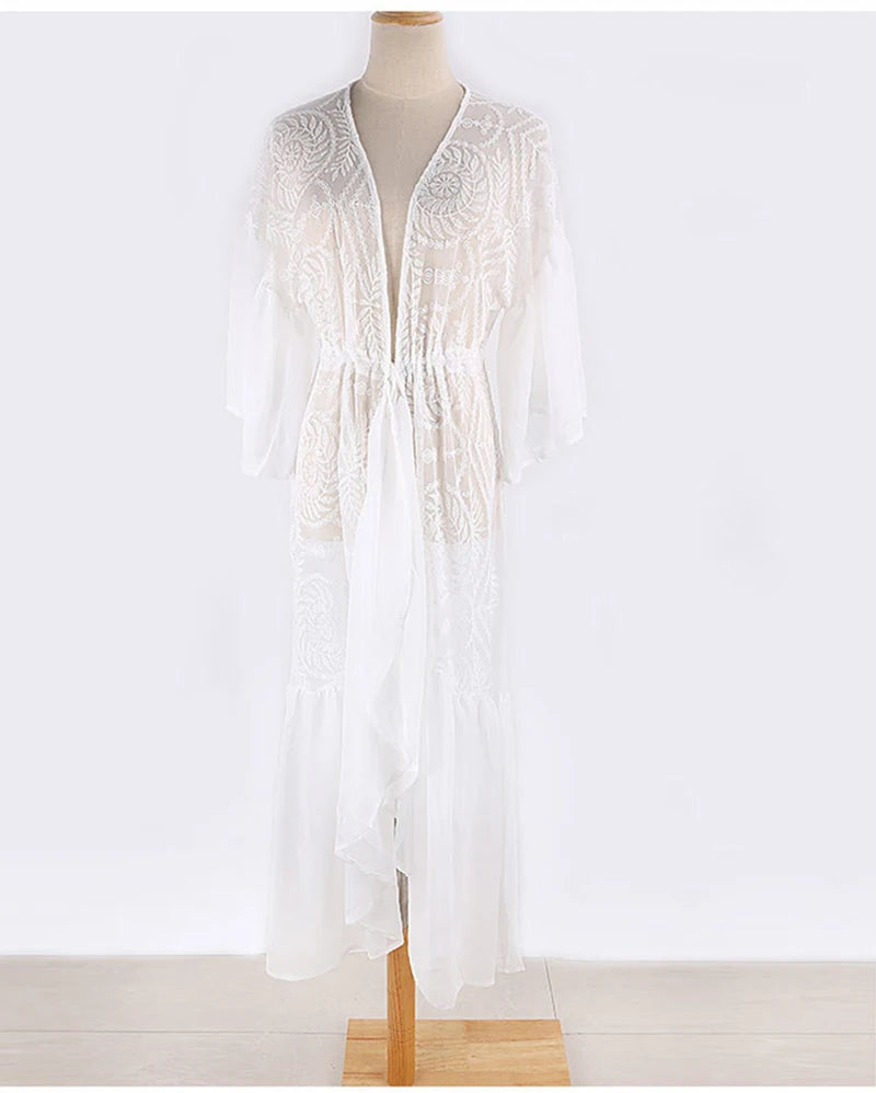 FashionSierra-White  Bikini Cover Ups  Lace  Women  Beach  Sexy  See Through  Transparent  Ruffles  Tunic  Vestidos  Boho Dress