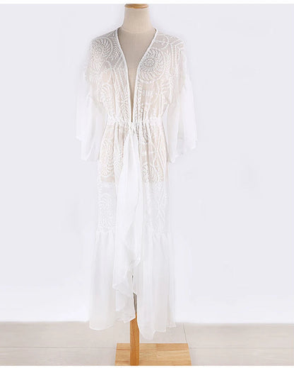 FashionSierra-White  Bikini Cover Ups  Lace  Women  Beach  Sexy  See Through  Transparent  Ruffles  Tunic  Vestidos  Boho Dress