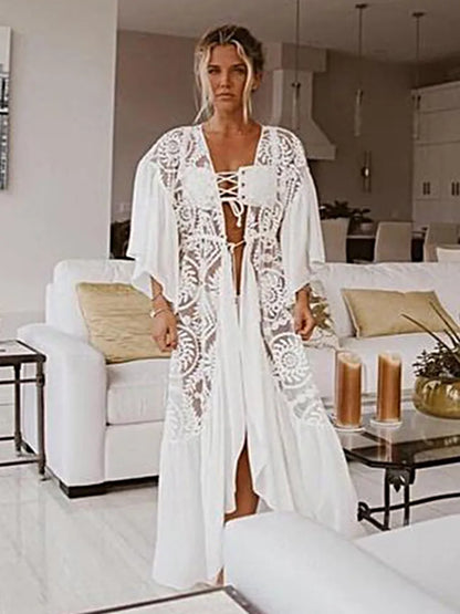 FashionSierra-White  Bikini Cover Ups  Lace  Women  Beach  Sexy  See Through  Transparent  Ruffles  Tunic  Vestidos  Boho Dress