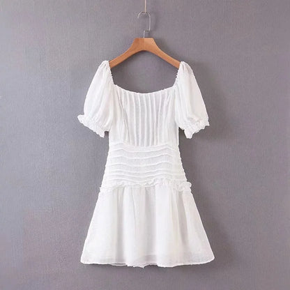 FashionSierra-White  Mini  Women  Vintage  Short Puff Sleeve  Cotton  Sexy  Backless  Lace Up  Elegant  Ladies  Summer  Vestidos Boho Dress