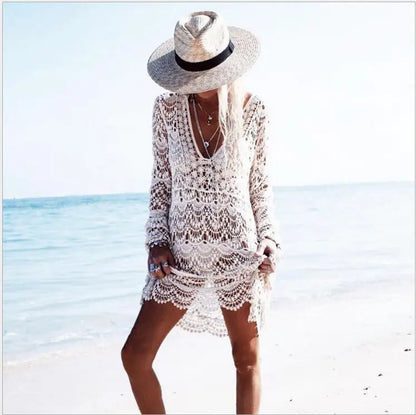 FashionSierra-White  Sexy  Crochet Lace  Women  Bikini Cover Up  Hollow Out  See Through  Robe  Beach Wear  Summer  Mini Boho Dress
