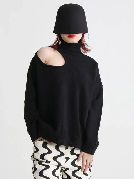 Turtleneck Solid Hole Hollow Out Sweater