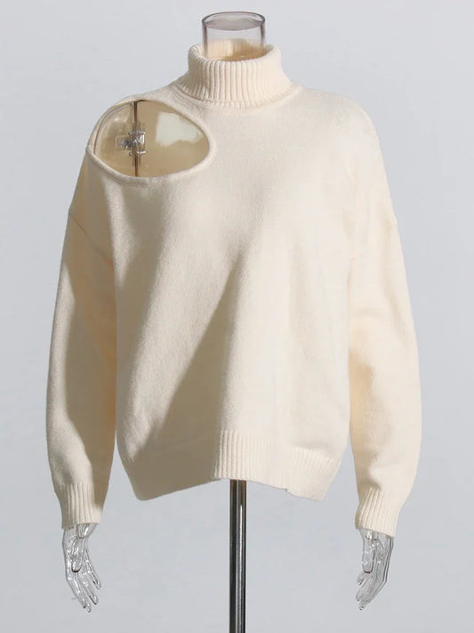 Turtleneck Solid Hole Hollow Out Sweater