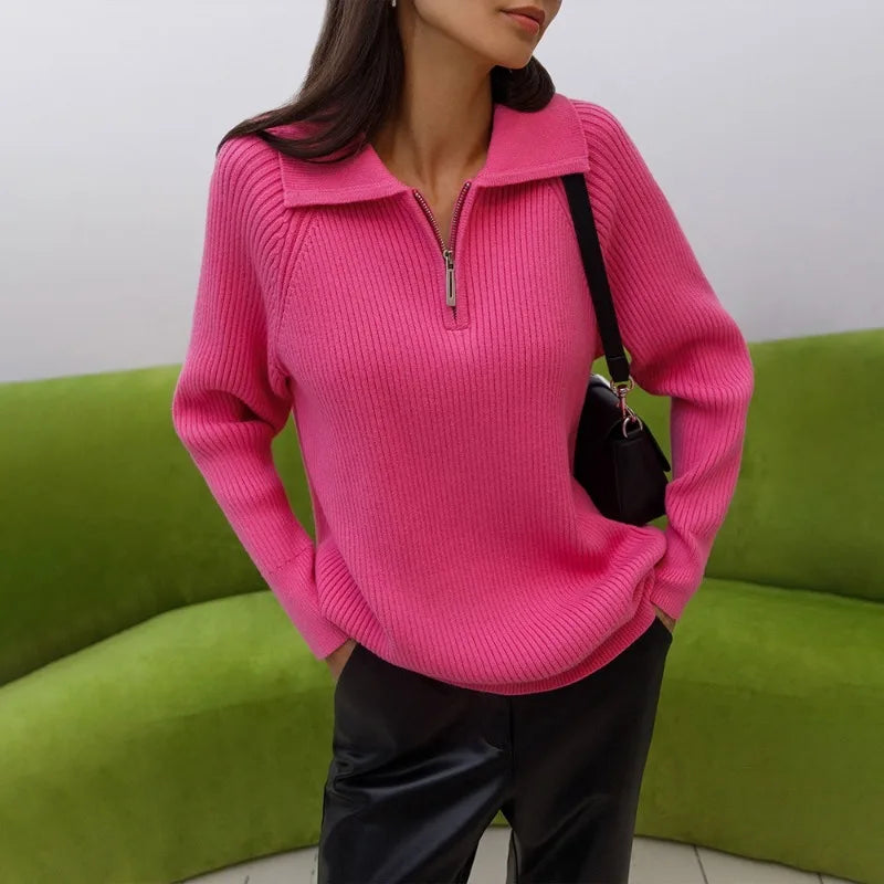 Casual Zipper Long Sleeve Pullover Solid Loose Warm Christmas Sweater Pink / S Sweaters-L
