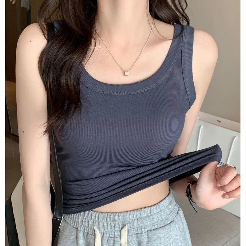 Ribbed Camis Summer Fashion Clothing Basic Elastic Round Neck White Top Sexy Crop Tops