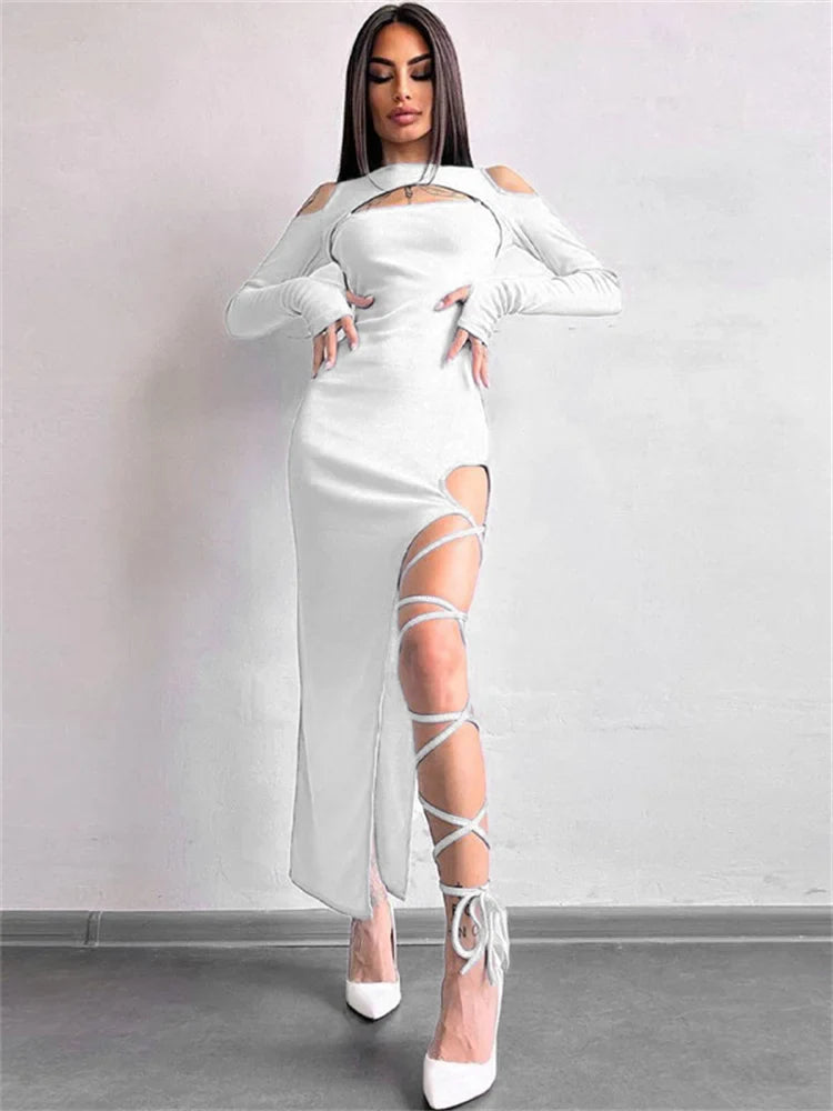 FashionSierra - Bandage Off-Shoulder Hollow Out Dress Women High Split Sexy Lace-Up Maxi Elegant Club Ladies Casual Dress