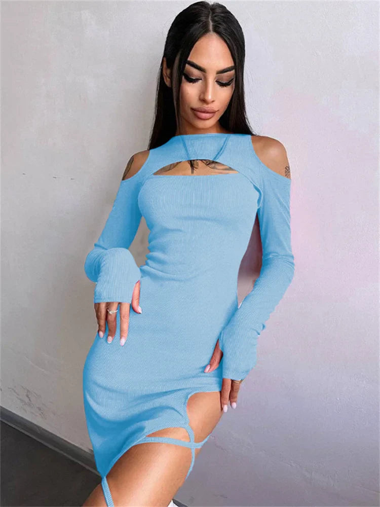 FashionSierra - Bandage Off-Shoulder Hollow Out Dress Women High Split Sexy Lace-Up Maxi Elegant Club Ladies Casual Dress