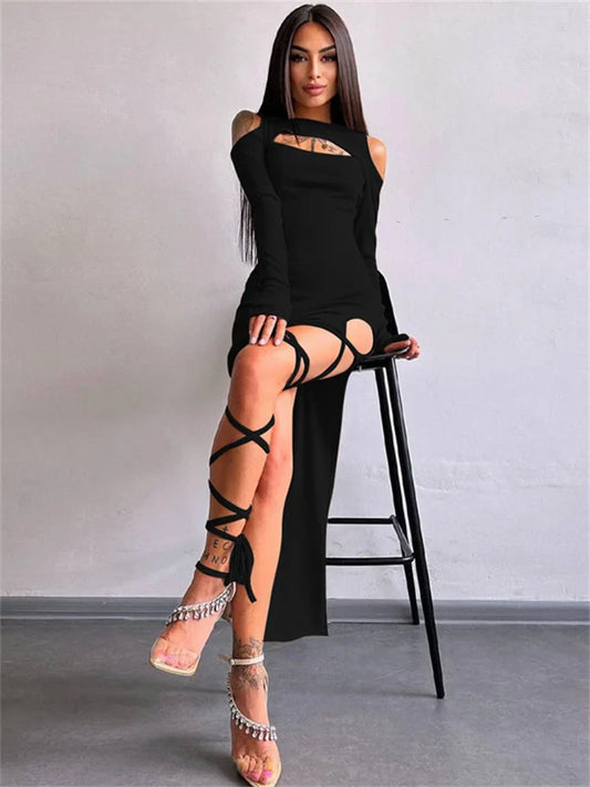 FashionSierra - Bandage Off-Shoulder Hollow Out Dress Women High Split Sexy Lace-Up Maxi Elegant Club Ladies Casual Dress