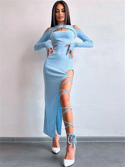 FashionSierra - Bandage Off-Shoulder Hollow Out Dress Women High Split Sexy Lace-Up Maxi Elegant Club Ladies Casual Dress