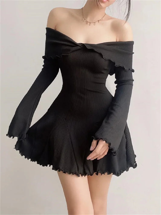 FashionSierra - Black Knit Women Off-Shoulder Loose Slim Fashion Ribbed Dress Knitwear Clothes Female Casual Dress