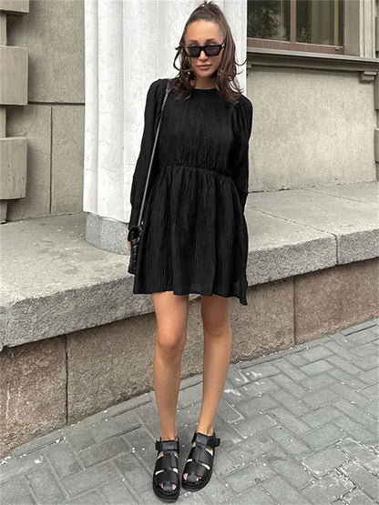 FashionSierra - Black Patchwork Long Sleeve Women Solid High Waist Pleated Casual Dress