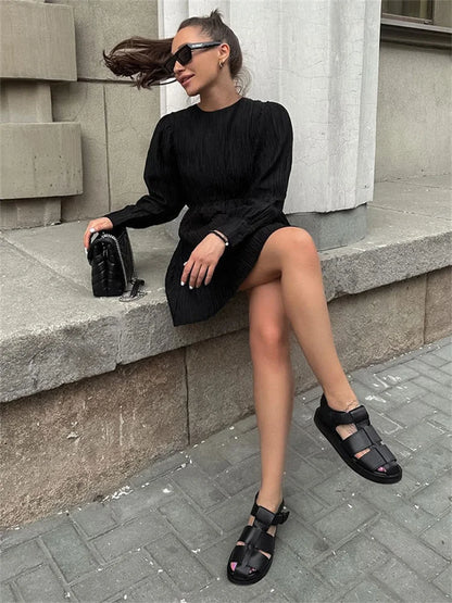 FashionSierra - Black Patchwork Long Sleeve Women Solid High Waist Pleated Casual Dress