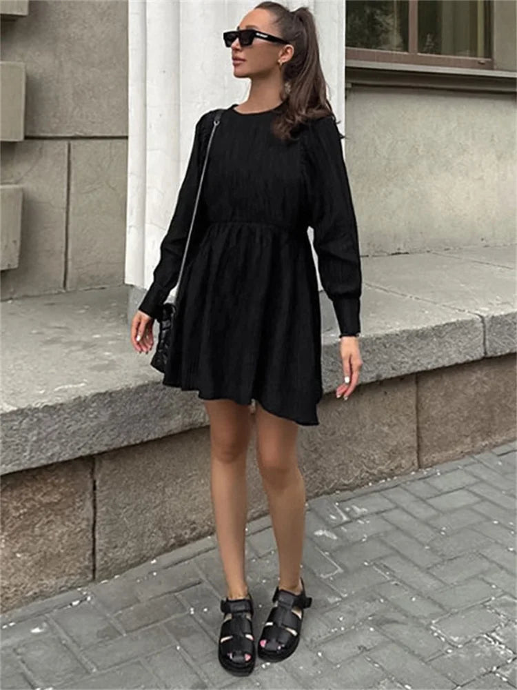 FashionSierra - Black Patchwork Long Sleeve Women Solid High Waist Pleated Casual Dress