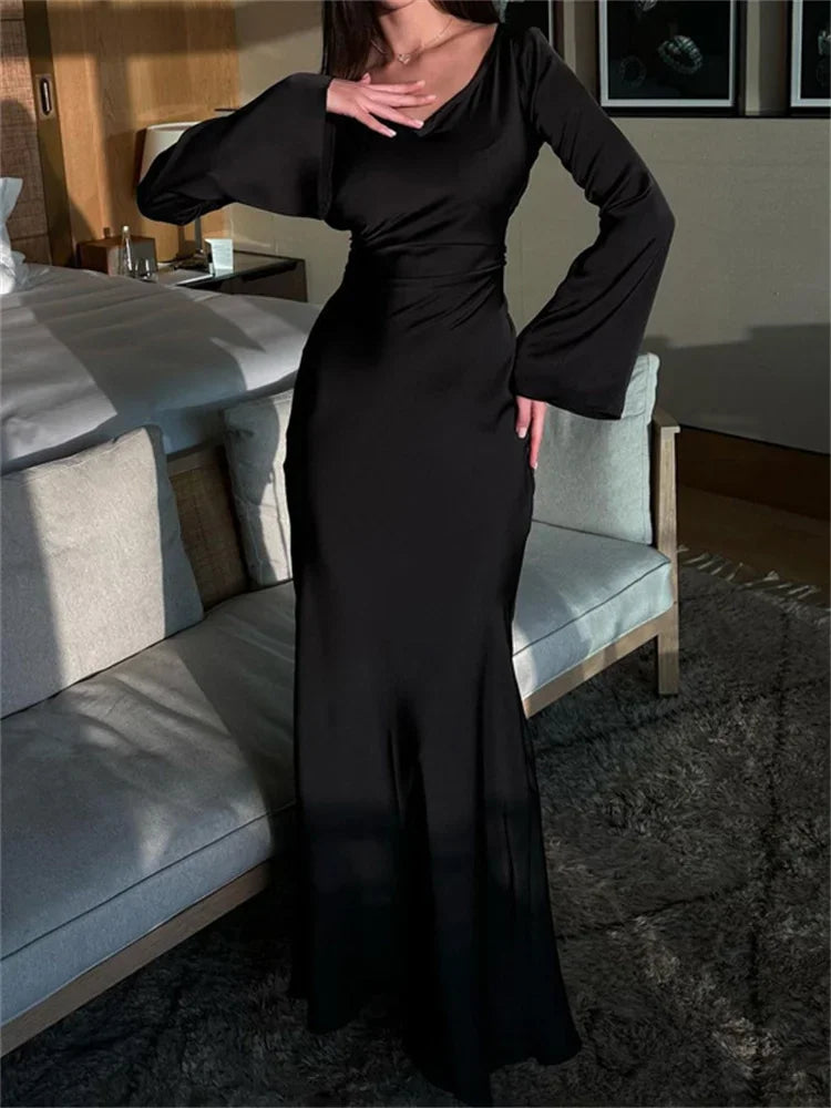 FashionSierra - Black Satin Bandage Slin High Waist Fashion Patchwork Long Sleeve Ladies Gown New Casual Dress