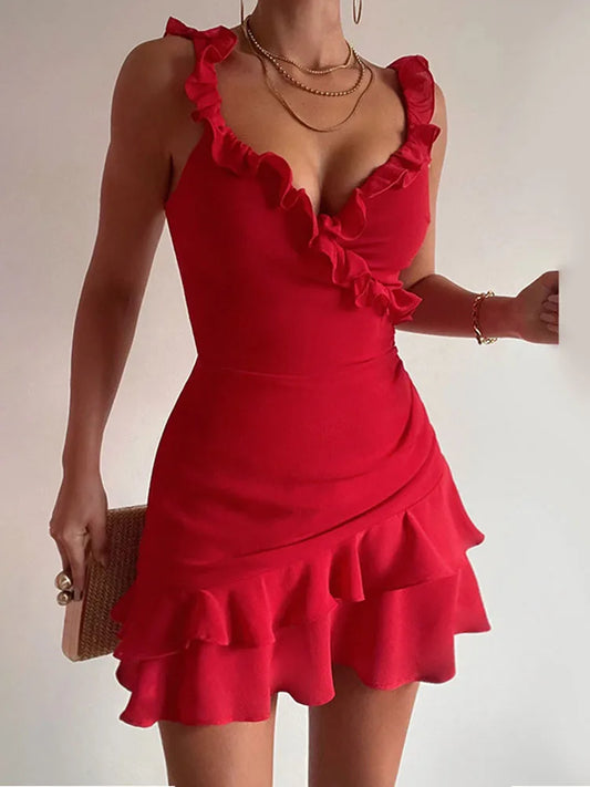 FashionSierra - Fashion Ruffled Strapless Women V-neck Stitching Solid Color High Waist Sexy Party Slin Casual Dress