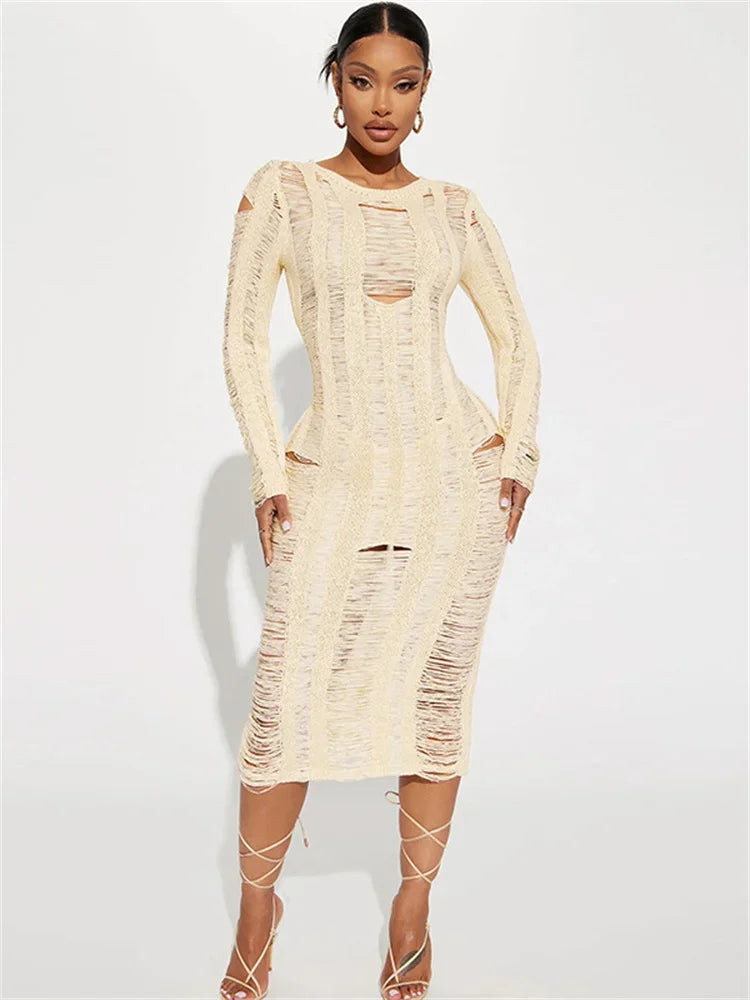 Hollow Out Knit Broken Long Dress Female See-Through Sleeve Slim High Waist Solid Knitwear Sexy Casual Dress