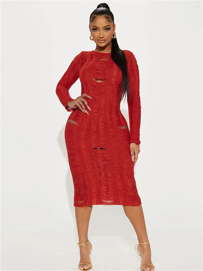 Hollow Out Knit Broken Long Dress Female See-Through Sleeve Slim High Waist Solid Knitwear Sexy Casual Dress