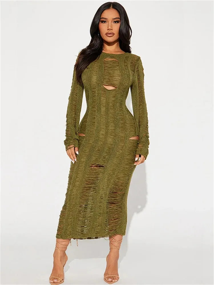 Hollow Out Knit Broken Long Dress Female See-Through Sleeve Slim High Waist Solid Knitwear Sexy Casual Dress