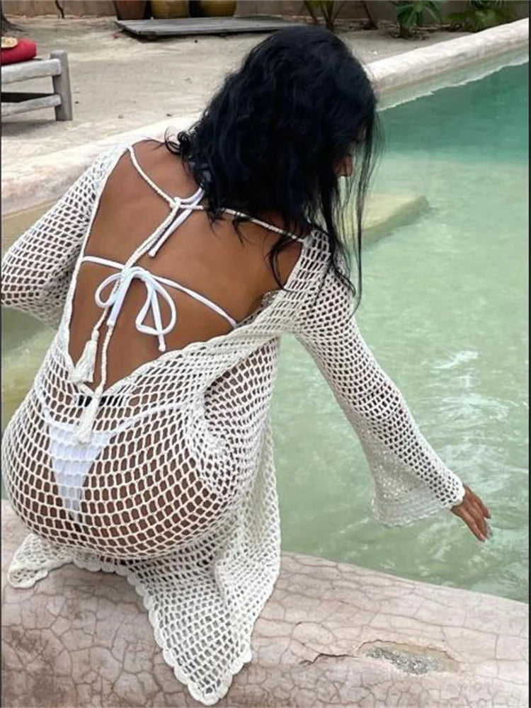 Hollow Out Knit See-Through Women Summer Long Sleeve Backless Beach Holiday Clothes New Casual Dress