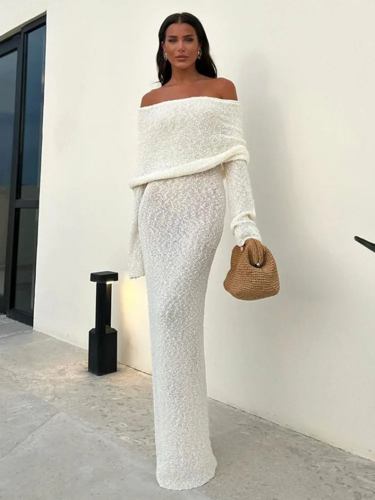 FashionSierra - Hollow Out Off-Shoulder Female Cover Up Loose Long Sleeve Beach Party New Women Casual Dress