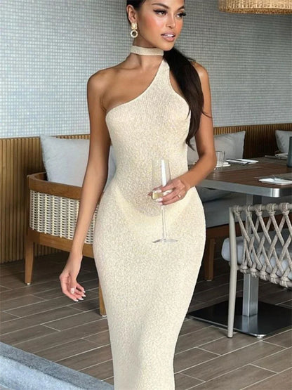 FashionSierra - Knit One-Shoulder Female Holiday Party Backless High Waist Lace-Up Fashion Sleeveless Casual Dress