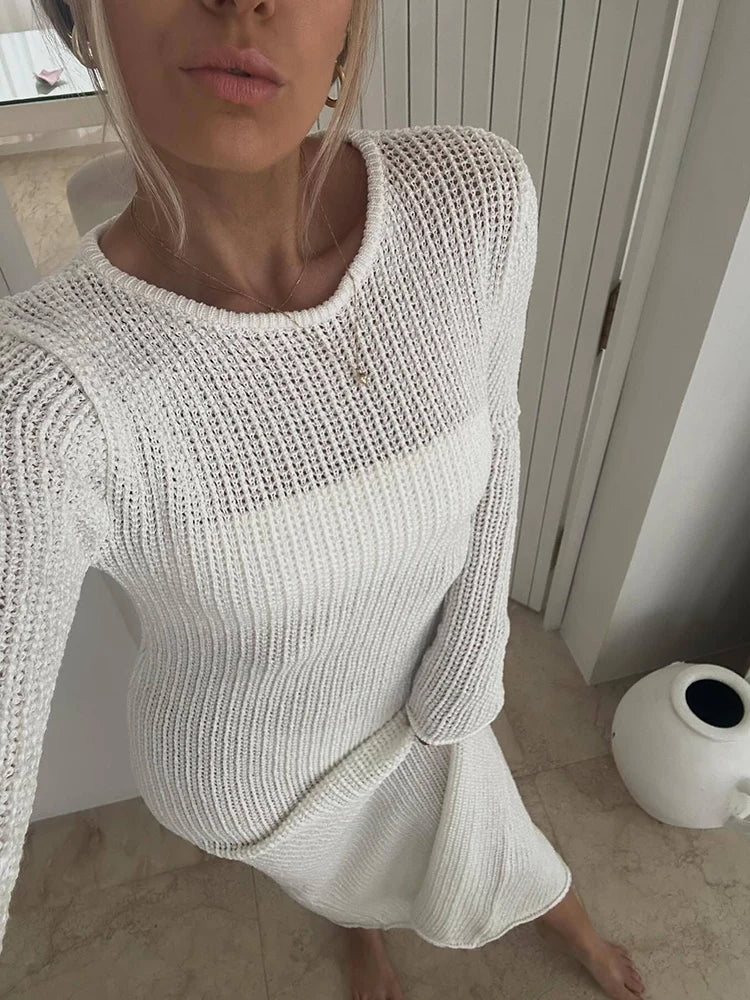 FashionSierra - Mesh Cover Up Long Dress Women Knitted Vacation Hollow See Through Full Sleeve Solid Summer New Casual Dress