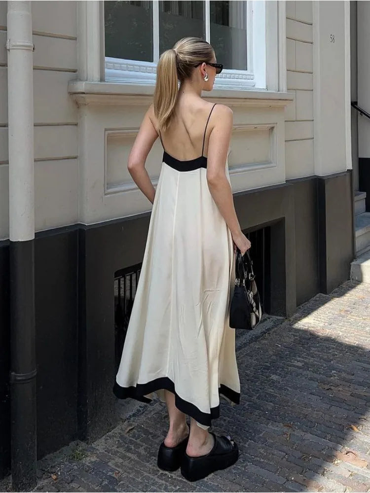 Patchwork Backless Halter Women Sexy V-Neck Elegant Summer 2024 Gown Ladies Slim Casual Dress