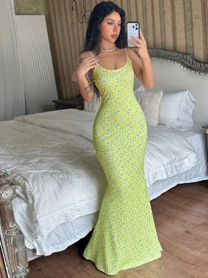 Printed Halter Dresses For Women Backless Summer Slim Bandage High Waist Spaghetti Maxi Party Casual Dress