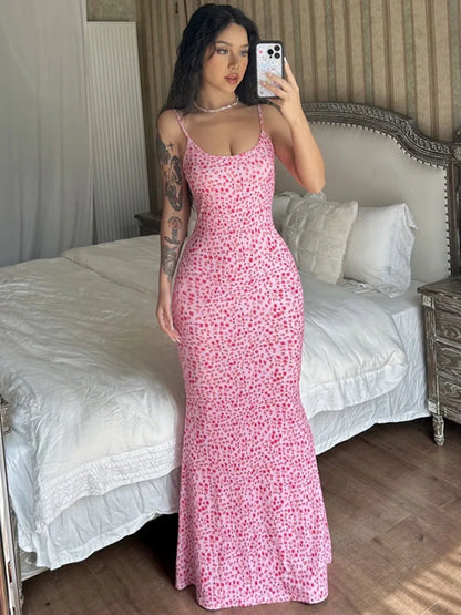 Printed Halter Dresses For Women Backless Summer Slim Bandage High Waist Spaghetti Maxi Party Casual Dress