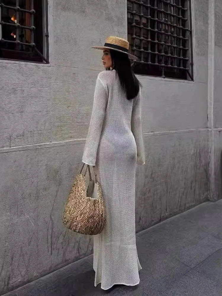 FashionSierra - Deep V Hollow Out Maxi Cover Up Crochet Long Sleeve Girls Mesh Sheer Beach Swimwear Dresses Femme Casual Dress