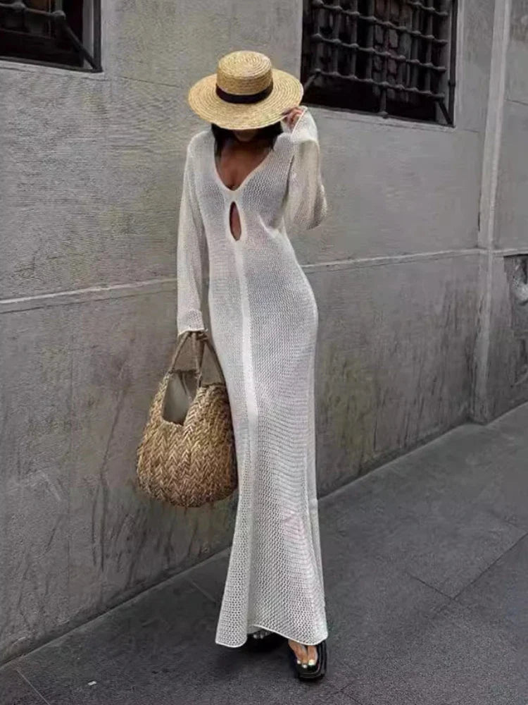 FashionSierra - Deep V Hollow Out Maxi Cover Up Crochet Long Sleeve Girls Mesh Sheer Beach Swimwear Dresses Femme Casual Dress