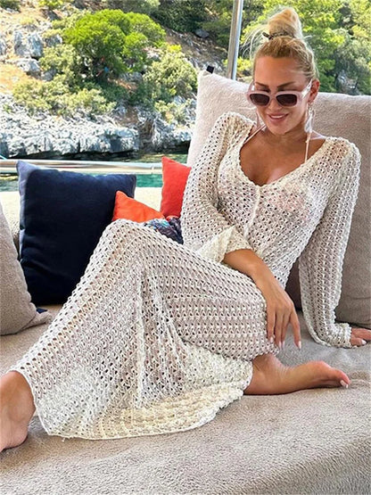 Summer Hollow Out V-Neck Women Beach Holiday See-Through Sexy High Waist Long Casual Dress