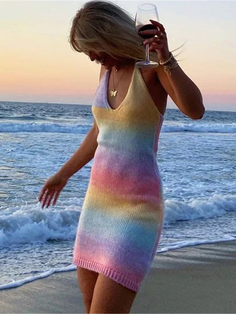 FashionSierra - Women Knitted Spaghetti Strap Maxi Dresses Holiday Hollow Out Split Beach Clothes 2024 Casual Dress