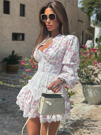 FashionSierra - Printed Lace Female Ruffled Fashion High Waist Patchwork Contrast Bandage Party Summer New Casual Dress