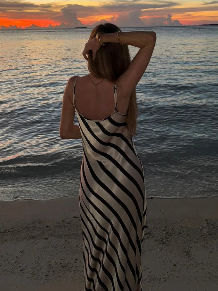 FashionSierra - Zebra Halter Female Sleeveless Loose Striped Long Women's Backless Maxi Casual Dress