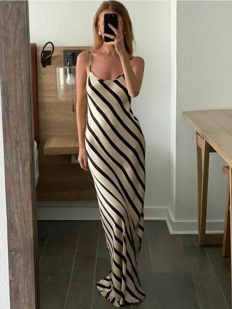 FashionSierra - Zebra Halter Female Sleeveless Loose Striped Long Women's Backless Maxi Casual Dress