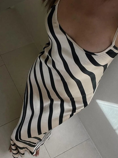 FashionSierra - Zebra Halter Female Sleeveless Loose Striped Long Women's Backless Maxi Casual Dress