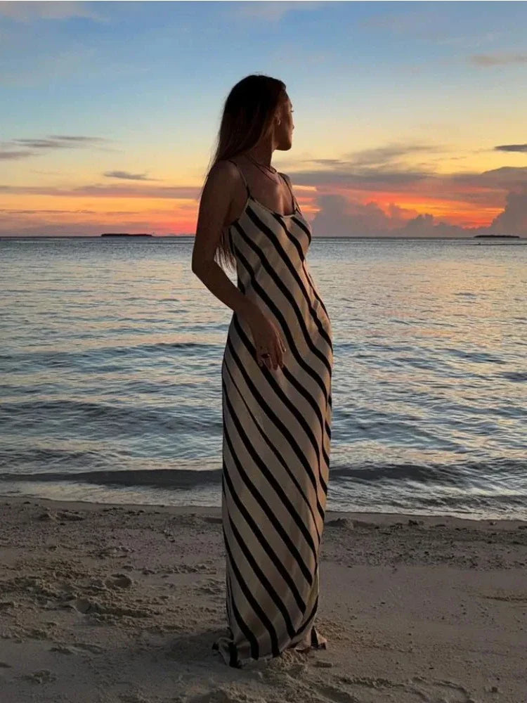 FashionSierra - Zebra Halter Female Sleeveless Loose Striped Long Women's Backless Maxi Casual Dress