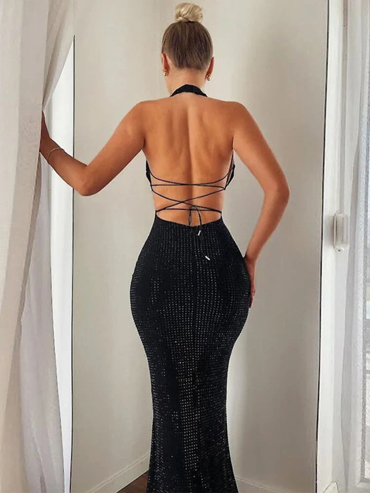 Sequin Party Backless Slim Bodycon Elegant Long Spring Summer Maxi Dress