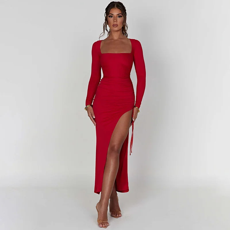 Drawstring Long Side High Split Slim Bodycon Sexy Autumn Winter Maxi Dress